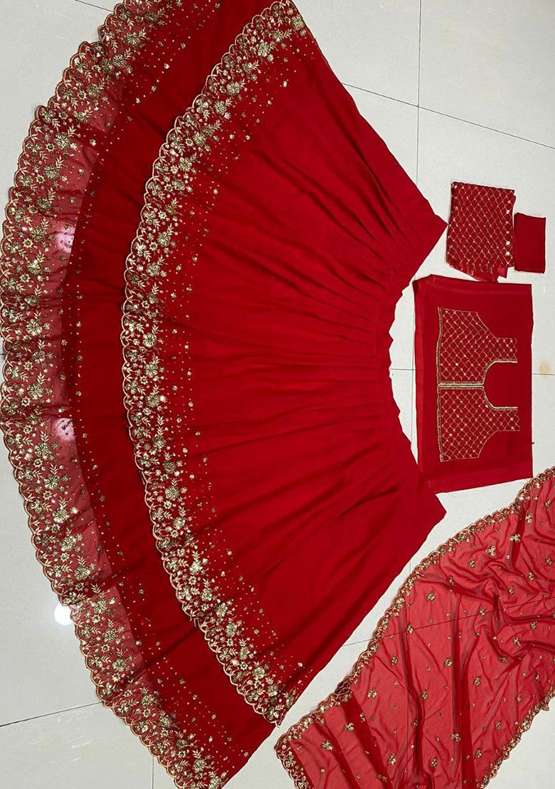 Red Cut Work Blended Lehenga Set With Dupatta - Indya