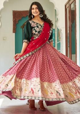 Pink Rose Color Solid Blended Lehenga Set With Dupatta