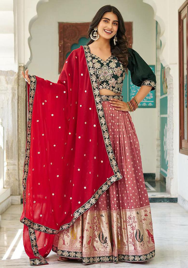 Pink Rose Color Solid Blended Lehenga Set With Dupatta - Indya