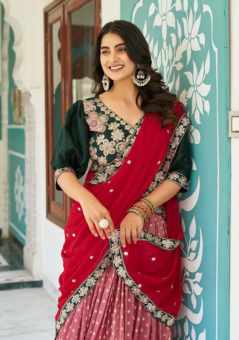 Pink Rose Color Solid Blended Lehenga Set With Dupatta - Indya