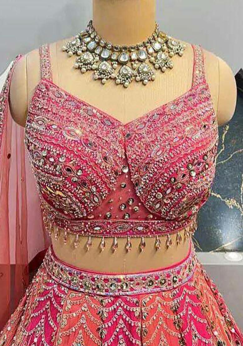Pink Cut Dana With Mirror Work Blended Lehenga Set With Dupatta - Indya