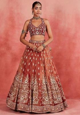 Rust Embroidery Blended Lehenga Set With Dupatta