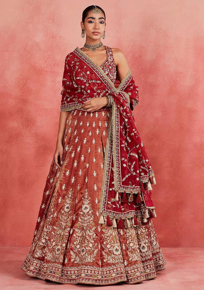 Rust Embroidery Blended Lehenga Set With Dupatta - Indya