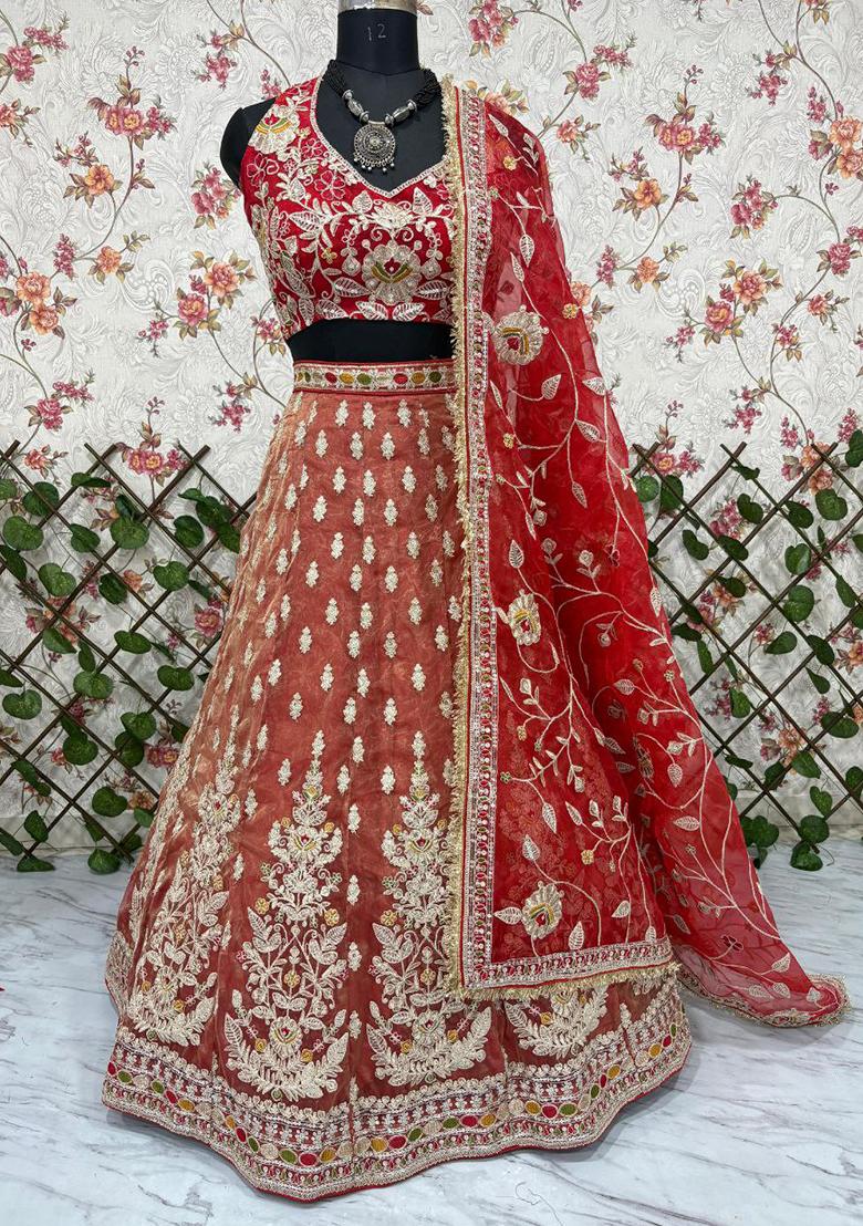 Rust Embroidery Blended Lehenga Set With Dupatta - Indya