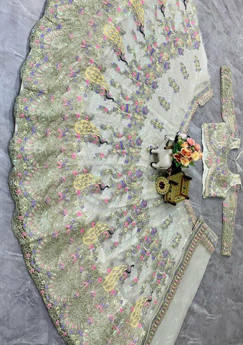 Blue Embroidery Blended Lehenga Set With Dupatta - Indya