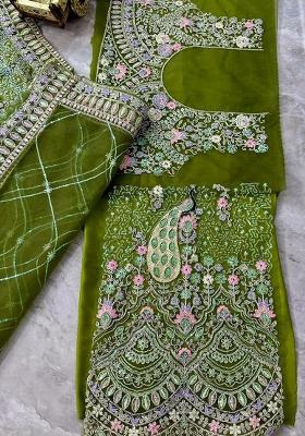 Green Embroidery Blended Lehenga Set With Dupatta