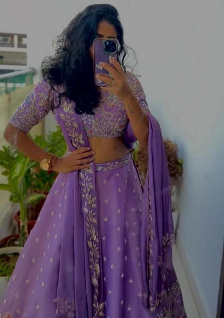 Lavender Embroidery Blended Lehenga Set With Dupatta - Indya