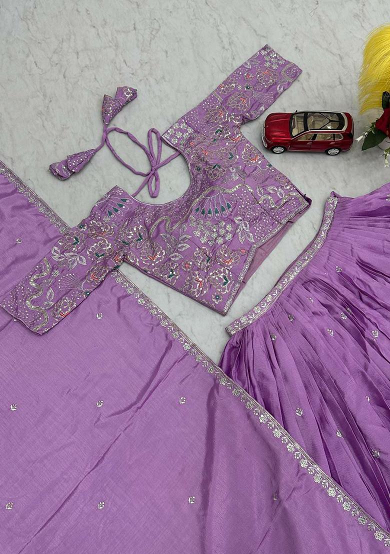 Lavender Embroidery Blended Lehenga Set With Dupatta - Indya