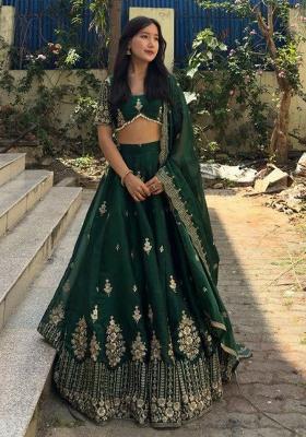 Dark Green Embroidery Blended Lehenga Set With Dupatta