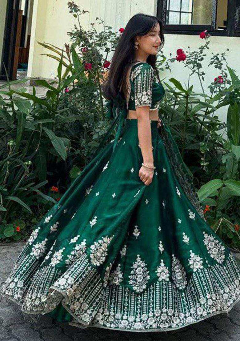Dark Green Embroidery Blended Lehenga Set With Dupatta - Indya
