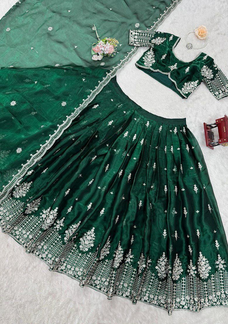 Dark Green Embroidery Blended Lehenga Set With Dupatta - Indya