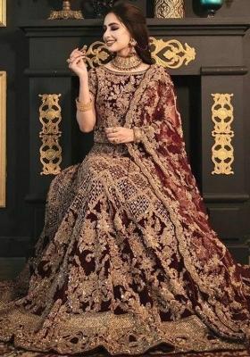 Dark Maroon Embroidered Blended Lehenga Set With Dupatta