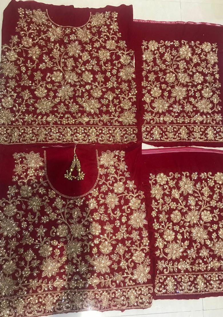 Dark Maroon Embroidered Blended Lehenga Set With Dupatta - Indya