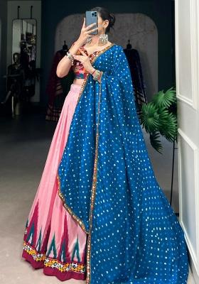 Pink Solid Blended Lehenga Set With Dupatta