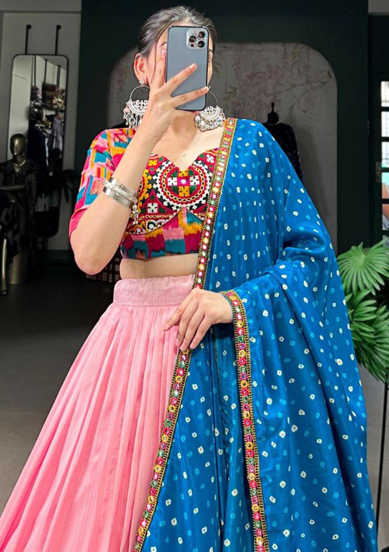 Pink Solid Blended Lehenga Set With Dupatta - Indya