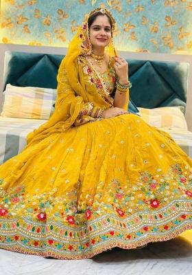 Yellow Embroidered Blended Lehenga Set With Dupatta