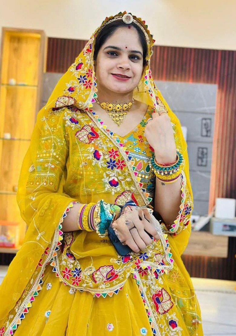 Yellow Embroidered Blended Lehenga Set With Dupatta - Indya