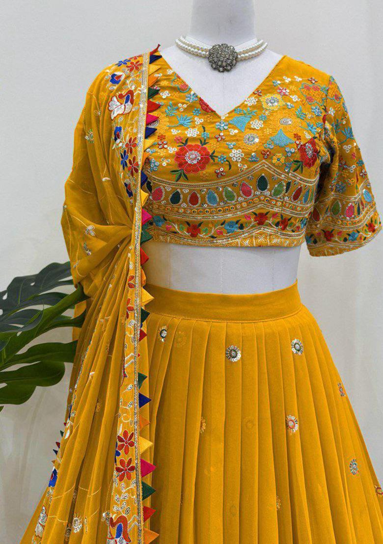 Yellow Embroidered Blended Lehenga Set With Dupatta - Indya