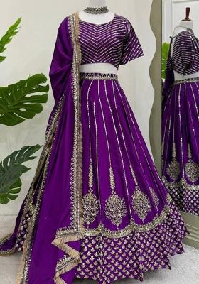 Purple Embroidered Blended Lehenga Set With Dupatta
