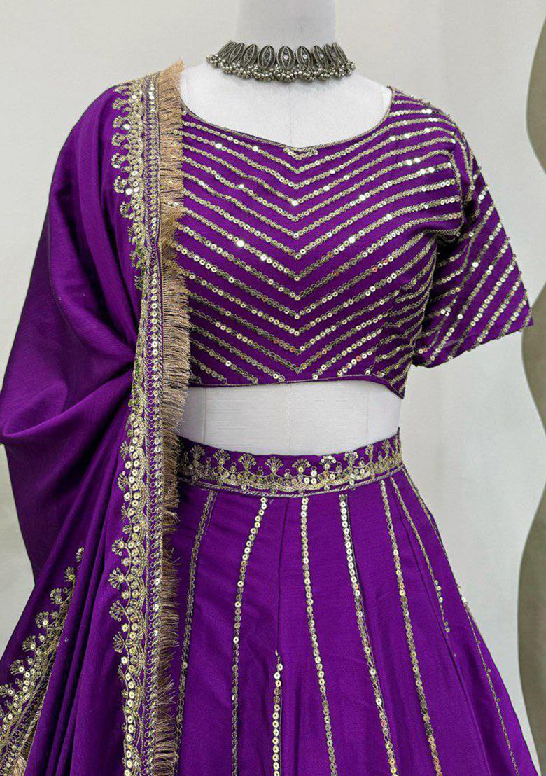 Purple Embroidered Blended Lehenga Set With Dupatta - Indya