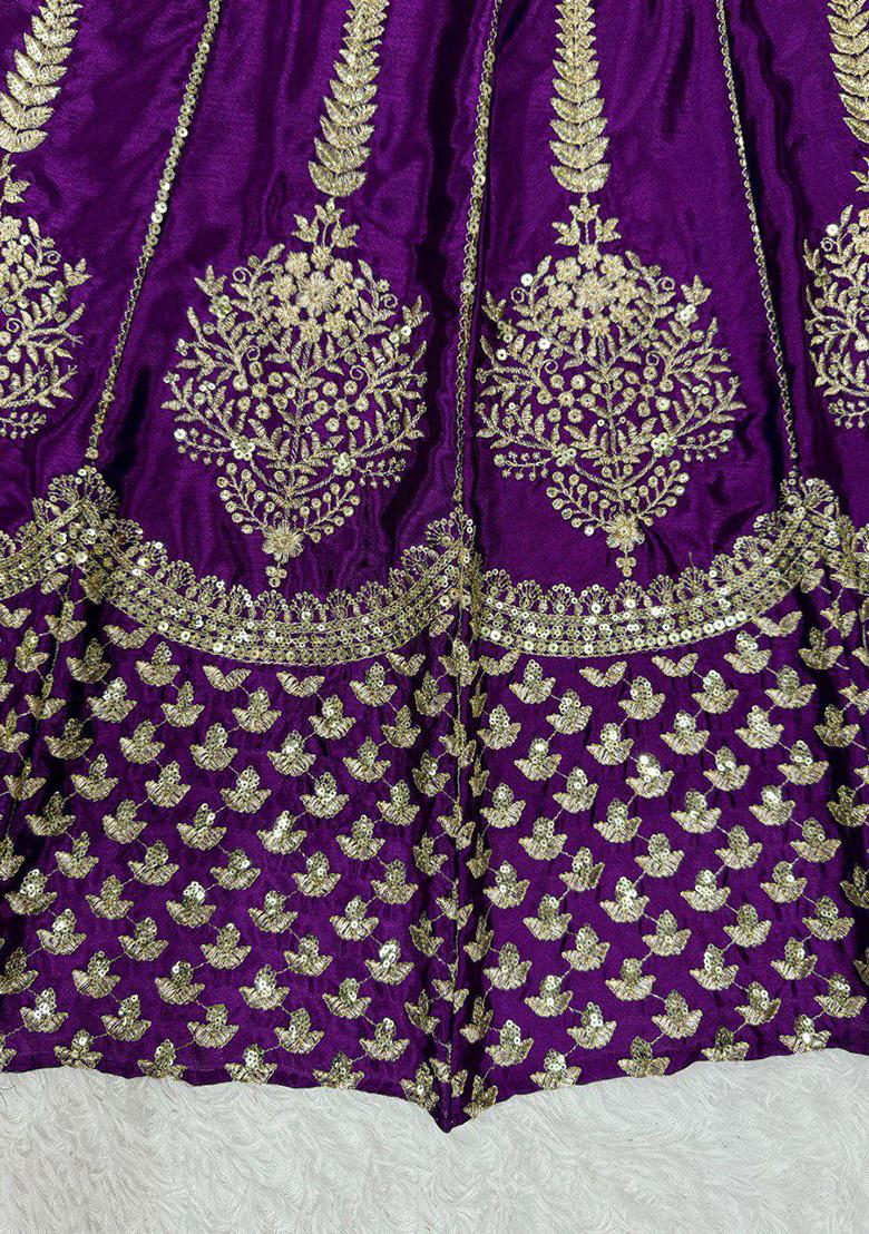Purple Embroidered Blended Lehenga Set With Dupatta - Indya