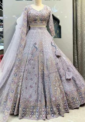 White Embroidered Blended Lehenga Set With Dupatta