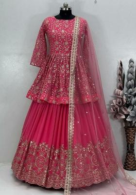 Pink Embroidered Blended Lehenga Set With Dupatta