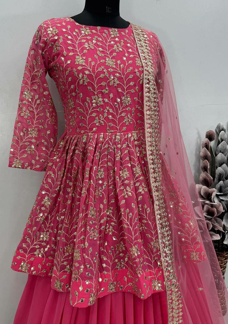 Pink Embroidered Blended Lehenga Set With Dupatta - Indya