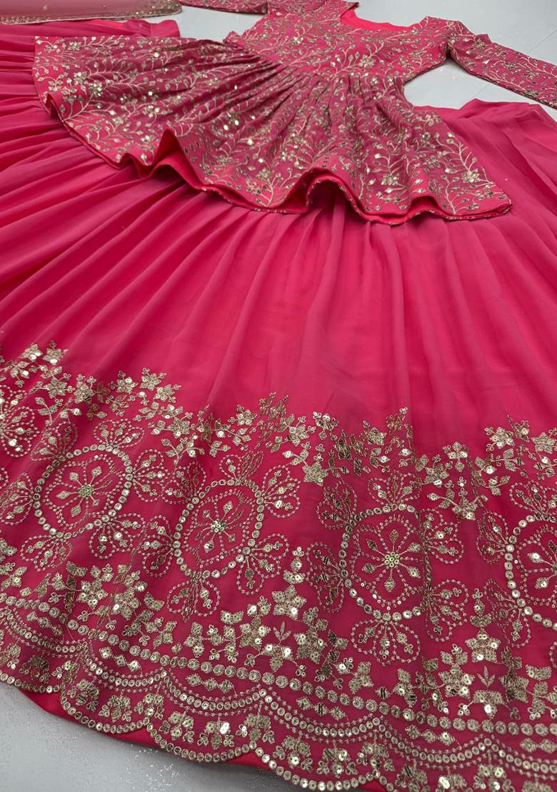 Pink Embroidered Blended Lehenga Set With Dupatta - Indya