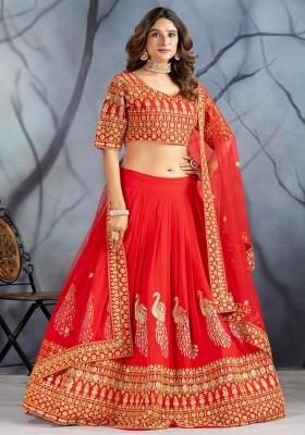 Red Embroidered Blended Lehenga Set With Dupatta
