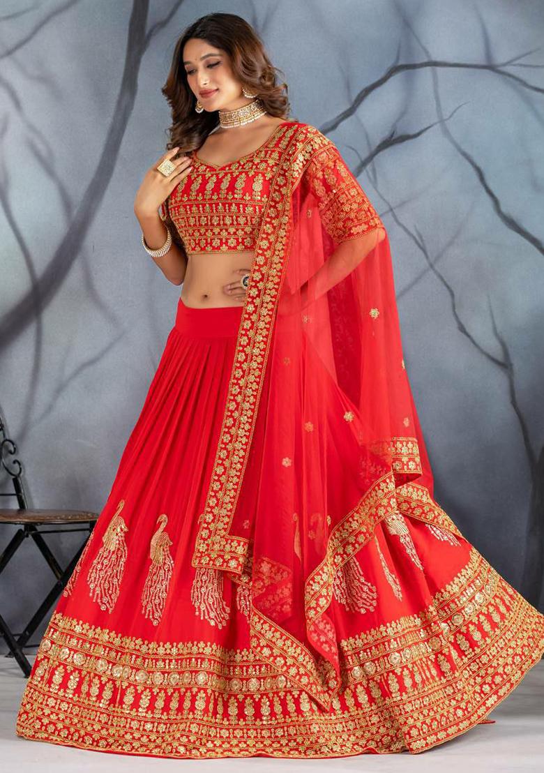 Red Embroidered Blended Lehenga Set With Dupatta - Indya