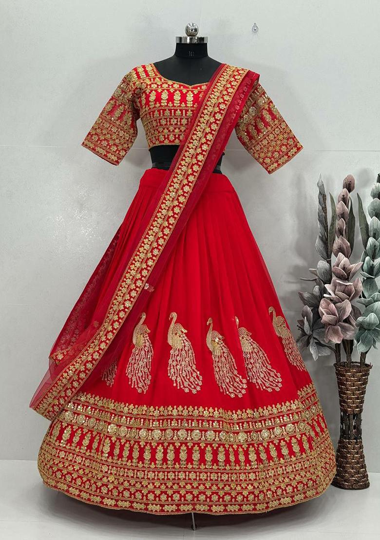 Red Embroidered Blended Lehenga Set With Dupatta - Indya
