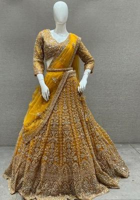 Yellow Embroidered Blended Lehenga Set With Dupatta