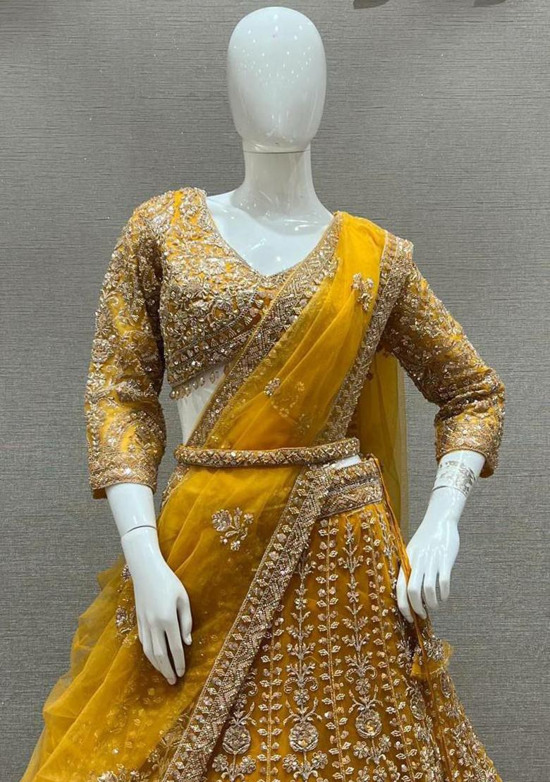 Yellow Embroidered Blended Lehenga Set With Dupatta - Indya