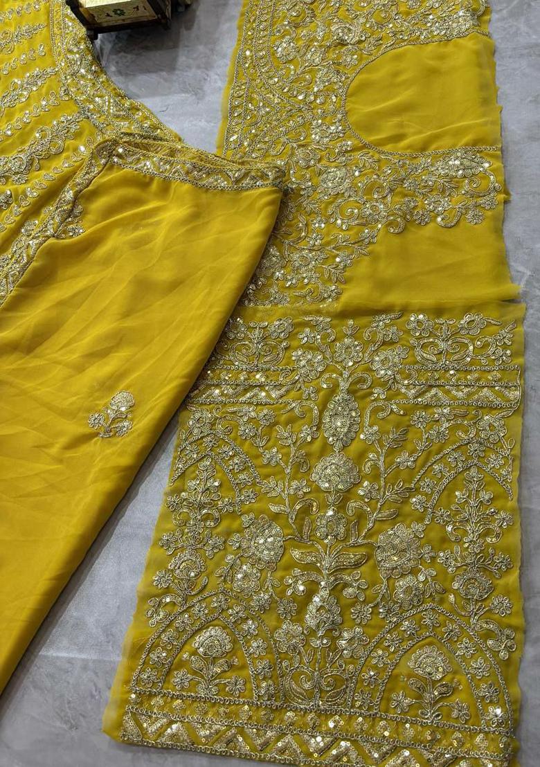 Yellow Embroidered Blended Lehenga Set With Dupatta - Indya