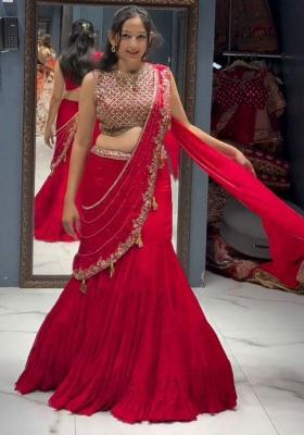 Red Embroidered Blended Lehenga Set With Dupatta