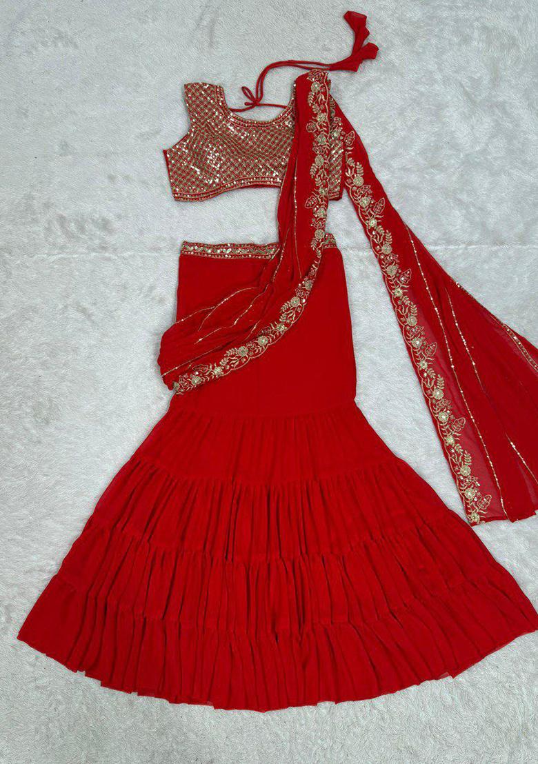 Red Embroidered Blended Lehenga Set With Dupatta - Indya