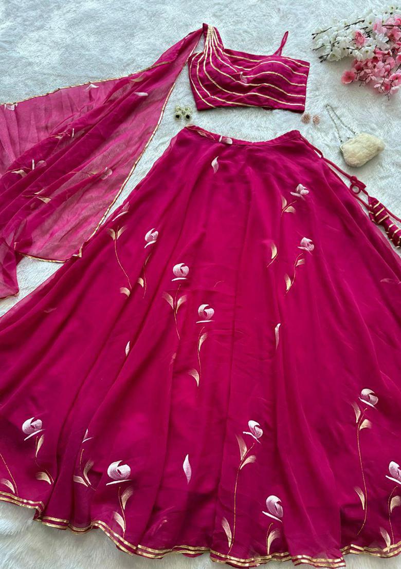 Pink Printed Blended Lehenga Set With Dupatta - Indya