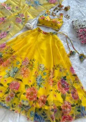 Yellow Printed Blended Lehenga Set With Dupatta