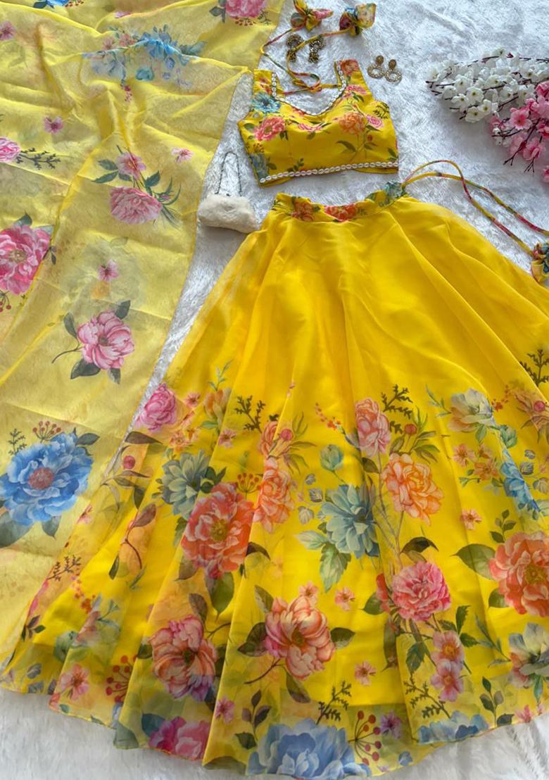 Yellow Printed Blended Lehenga Set With Dupatta - Indya