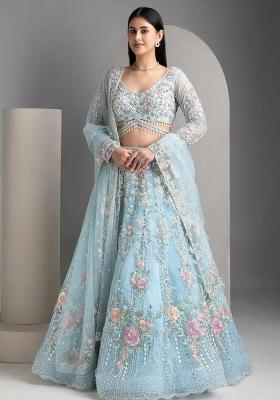 Blue Embroidered Blended Lehenga Set With Dupatta