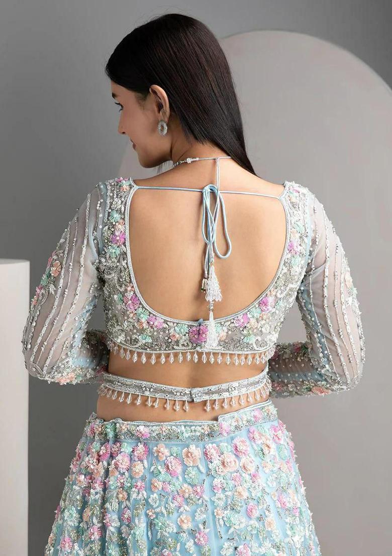 Blue Embroidered Blended Lehenga Set With Dupatta - Indya