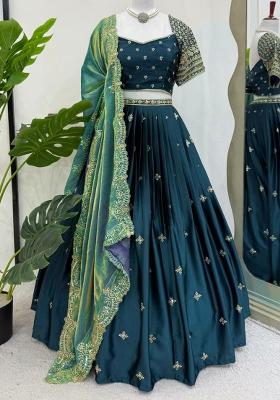 Dark Blue Embroidered Blended Lehenga Set With Dupatta