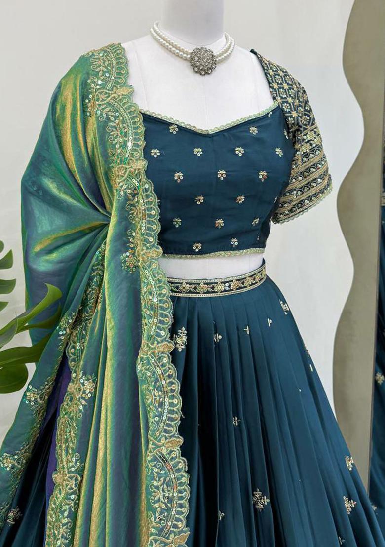 Dark Blue Embroidered Blended Lehenga Set With Dupatta - Indya
