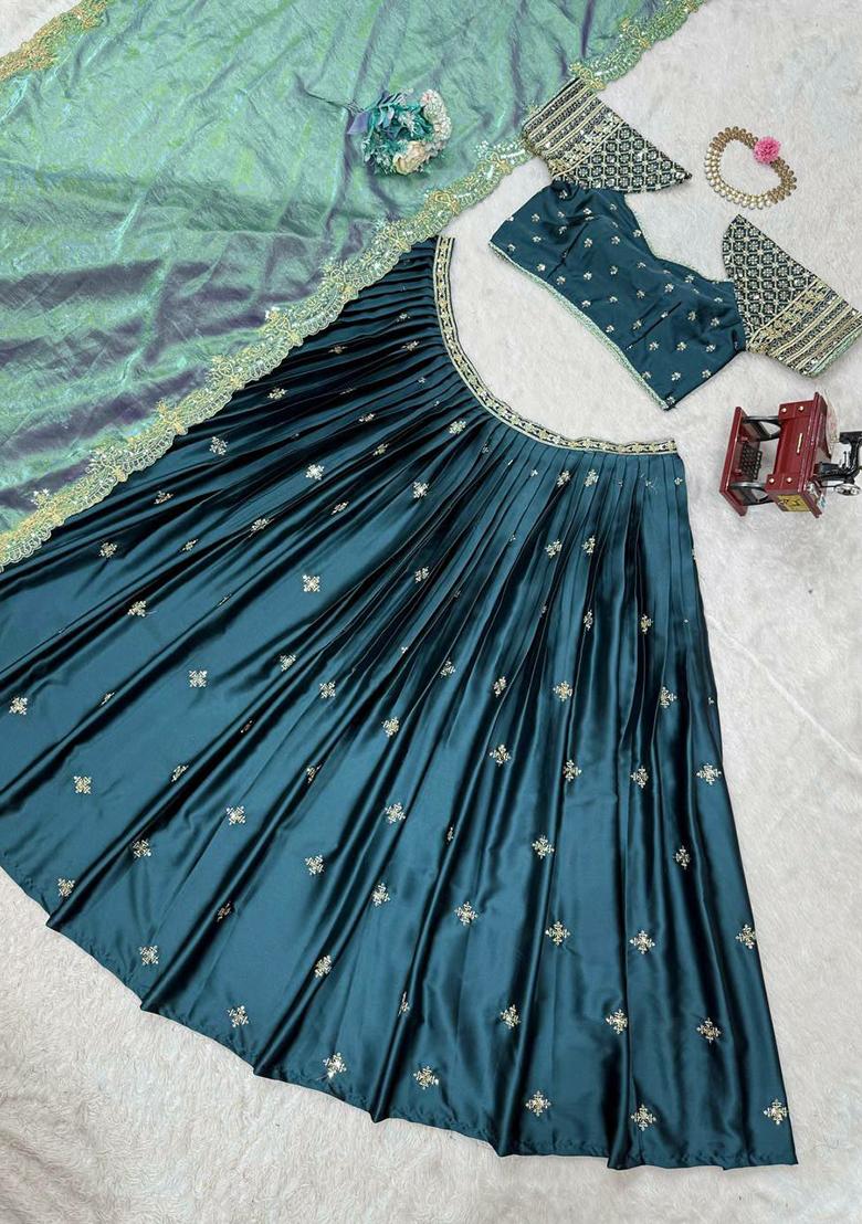 Dark Blue Embroidered Blended Lehenga Set With Dupatta - Indya