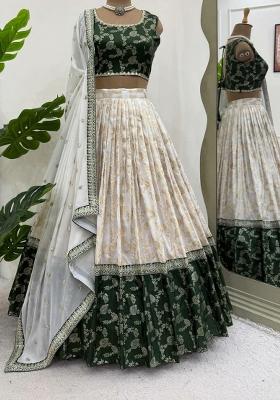 White Embroidered Blended Lehenga Set With Dupatta