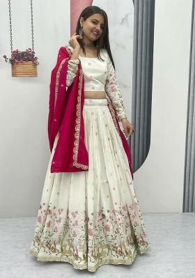 Cream Embroidered Blended Lehenga Set With Dupatta