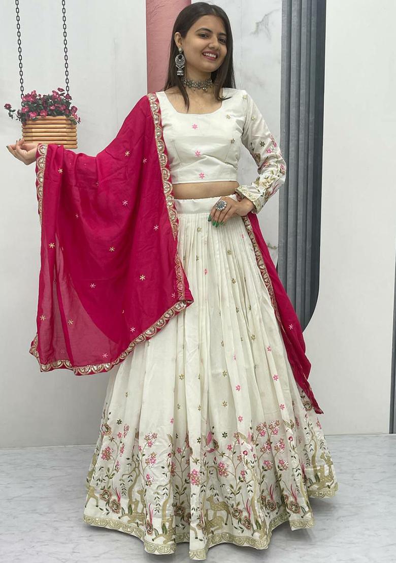 Cream Embroidered Blended Lehenga Set With Dupatta - Indya