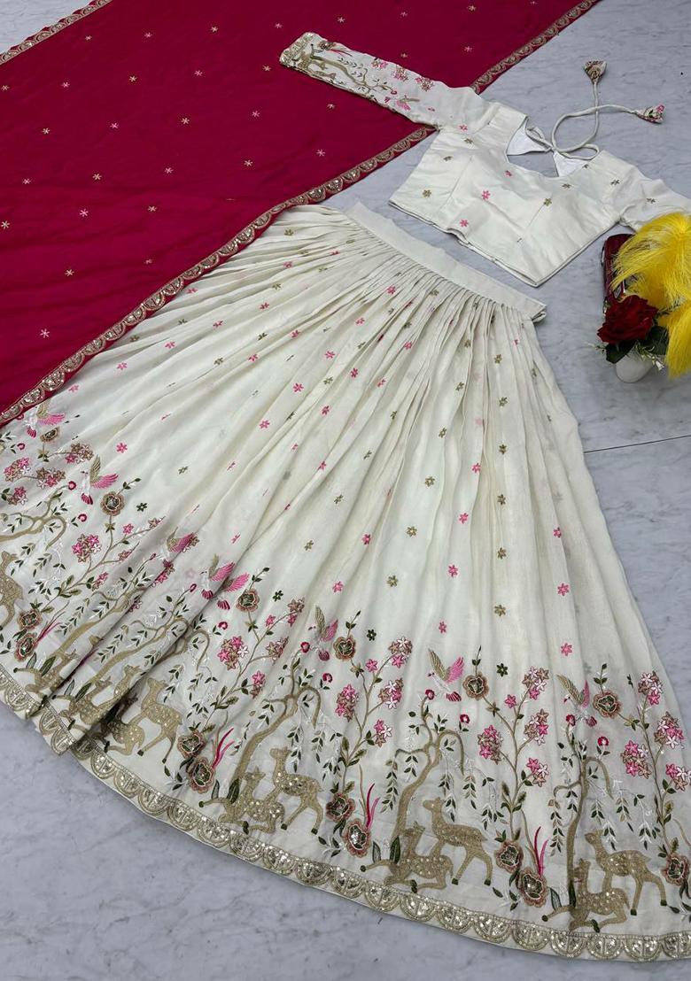Cream Embroidered Blended Lehenga Set With Dupatta - Indya