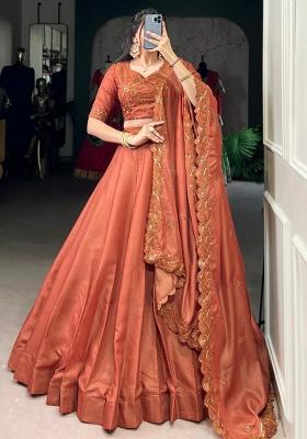 Orange Solid Blended Lehenga Set With Dupatta